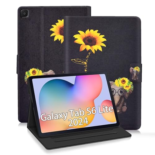 ONETHEFUL Hülle Samsung Galaxy Tab S6 Lite 10.4 2022/2020 SM-P610/P613/P615/P619 TPU Klapp Tasche Schutzhülle mit Standfunktion Magnetverscon Étuis Avec PU Cuir et Stand - Gänseblümchen Elefant von ONETHEFUL