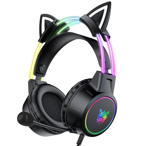 Leichte Gaming-Headsets mit abnehmbaren Katzenohren, Farbverlauf, RGB-Licht, kabelgebundene Over-Ear-Kopfhörer für PC/PS4/PS5/XBOX/Switch, virtueller Surround-Sound, Mikrofon mit von ONITOON