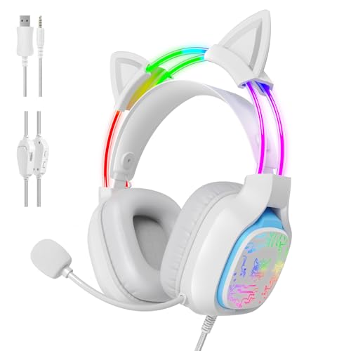 ONITOON Cat Ear Gaming Headset mit Mikrofon, Stereo Surround Sound, LED RGB Lichter, Leichte Over-Ear Kopfhörer für PC, PS4, PS5, Mac, Laptop, Switch, Noise Canceling, verstellbares Kopfband von ONITOON