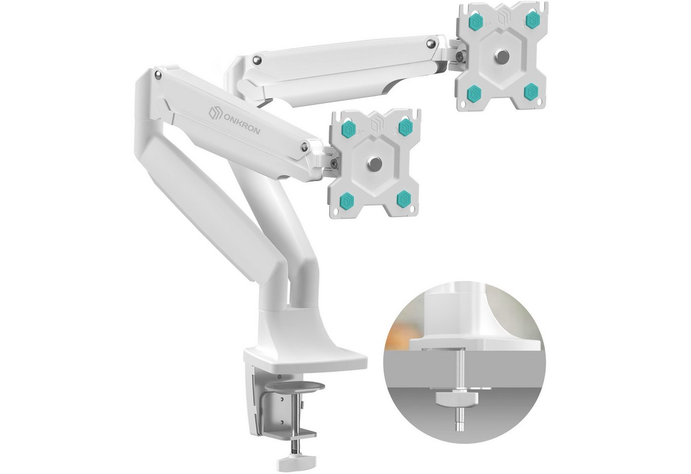 ONKRON Monitor Halterung, Tischhalterung 13-32 Zoll VESA 75/100 Monitor-Halterung, (bis 32,00 Zoll, Monitor Tischhalterung doppel Arm, Monitor Tischhalterung doppel Arm, neigbar (90° bis -90°Grad), schwenkbar (bis 270) von ONKRON