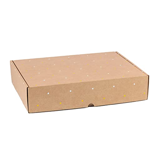 Packung mit 4 Geschenkkartons mit weißen und gelben Punkten bedruckt, Versandkartons, Selbstverpackung, Weihnachtsverpackung, Maße 38 x 28 x 8 cm (L x B x H) von ONLY BOXES