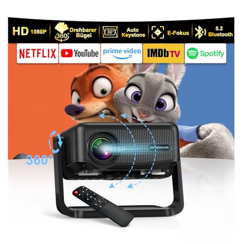 Beamer 【360° Drehbarem Ständer & Auto Keystone & E-Fokus】 FHD 1080P 23000LM mini Beamer mit WiFi6 und Bluetooth 5.2,70% Zoom ONOAYO abnehmbar Outdoor Heimkino Beamer Kompatibel mit Handy,PC,TV-Sticks von ONOAYO