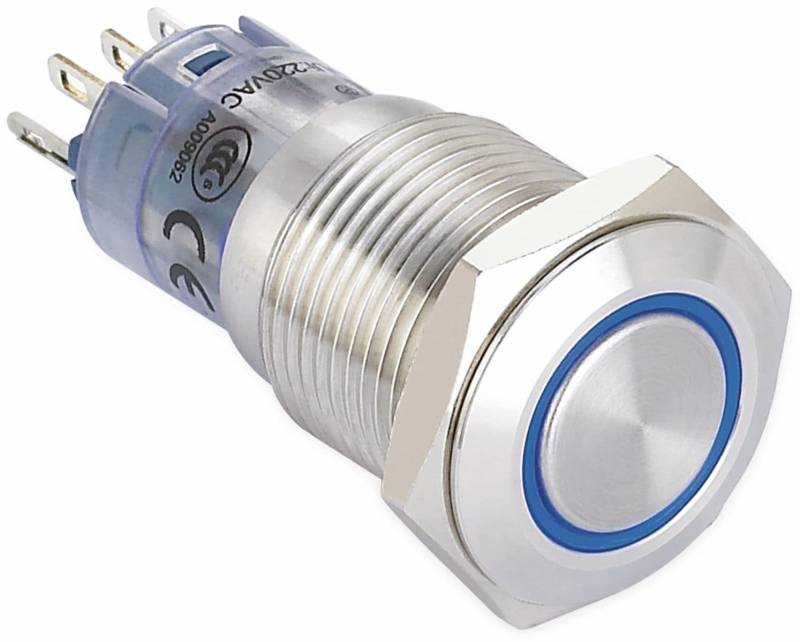 ONPOW Schalter, 24 V/DC, 1x Off/(On), Beleuchtung blau, Lötanschluss, flach rund, Edelstahl, 16 mm von ONPOW