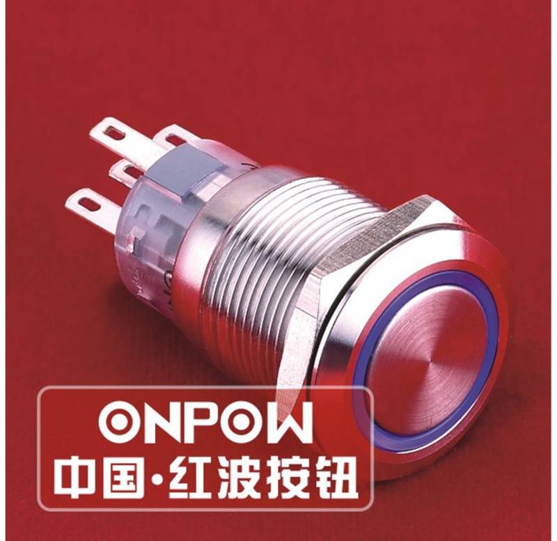 ONPOW Schalter, 24 V/DC, 1x Off/(On), Beleuchtung blau, Lötanschluss, flach rund, Edelstahl, 19 mm von ONPOW
