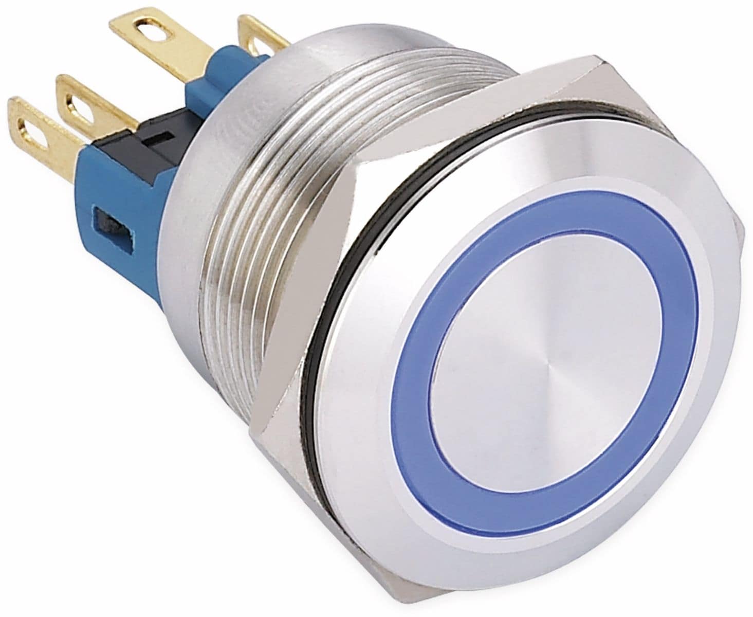 ONPOW Schalter, 24 V/DC, 1x Off/(On), Beleuchtung blau, Lötanschluss, flach rund, Edelstahl, 22 mm von ONPOW