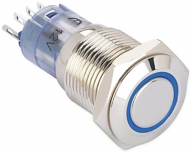 ONPOW Schalter, 24 V/DC, 1x Off/(On), Beleuchtung blau, Lötanschluss, flach rund, Messing, 16 mm von ONPOW