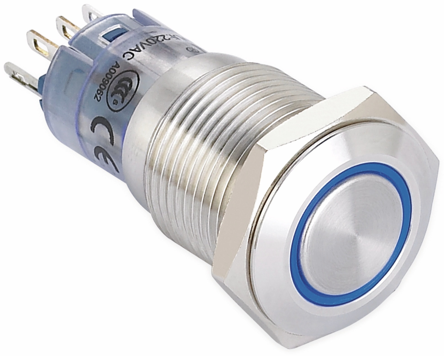 ONPOW Schalter, 24 V/DC, 1x Off/(On), Beleuchtung weiß, Lötanschluss, flach rund, Edelstahl, 16 mm von ONPOW