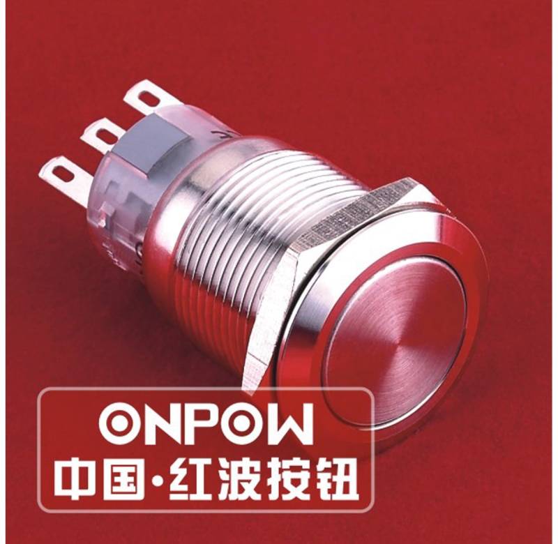 ONPOW Schalter, 24 V/DC, 1x Off/(On), Lötanschluss, flach rund, Edelstahl, 19 mm von ONPOW