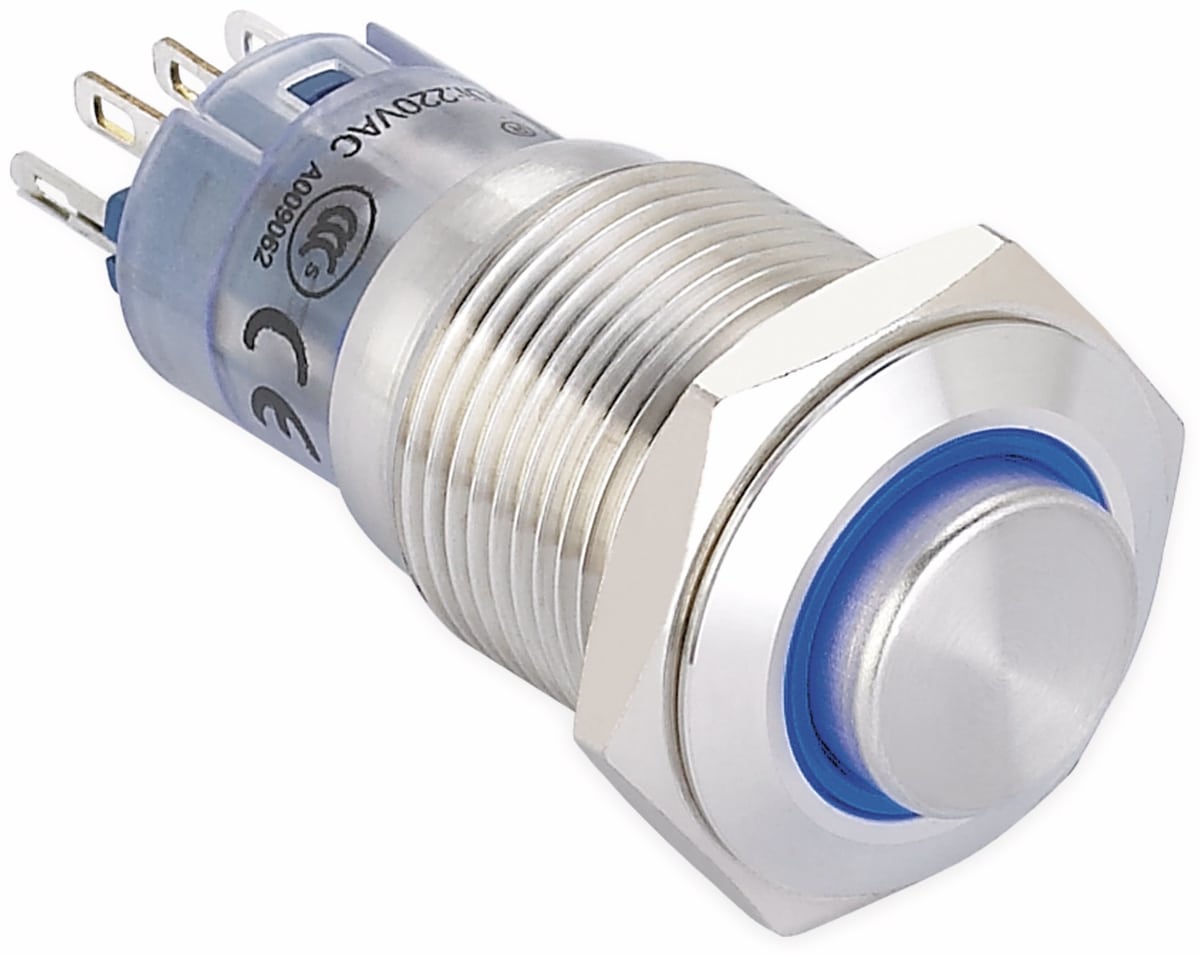 ONPOW Schalter, 24 V/DC, 1x Off/On, Beleuchtung blau, Lötanschluss, erhaben rund, Edelstahl, 16 mm von ONPOW