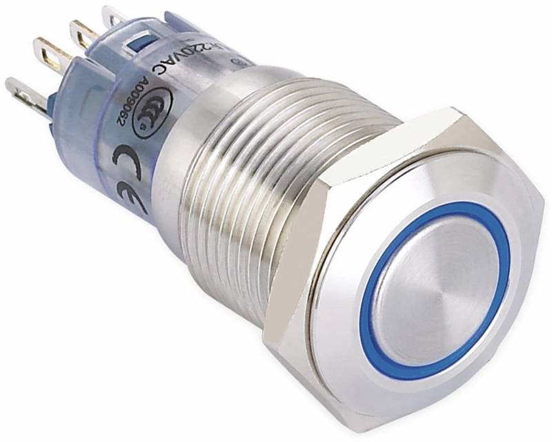 ONPOW Schalter, 24 V/DC, 1x Off/On, Beleuchtung blau, Lötanschluss, flach rund, Edelstahl, 16 mm von ONPOW