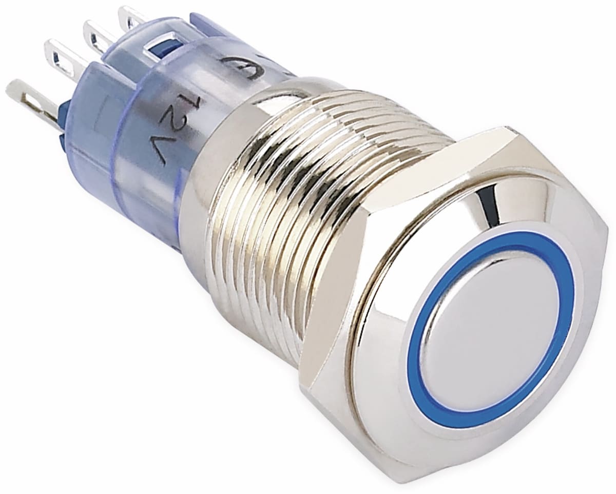 ONPOW Schalter, 24 V/DC, 1x Off/On, Beleuchtung blau, Lötanschluss, flach rund, Messing, 16 mm von ONPOW