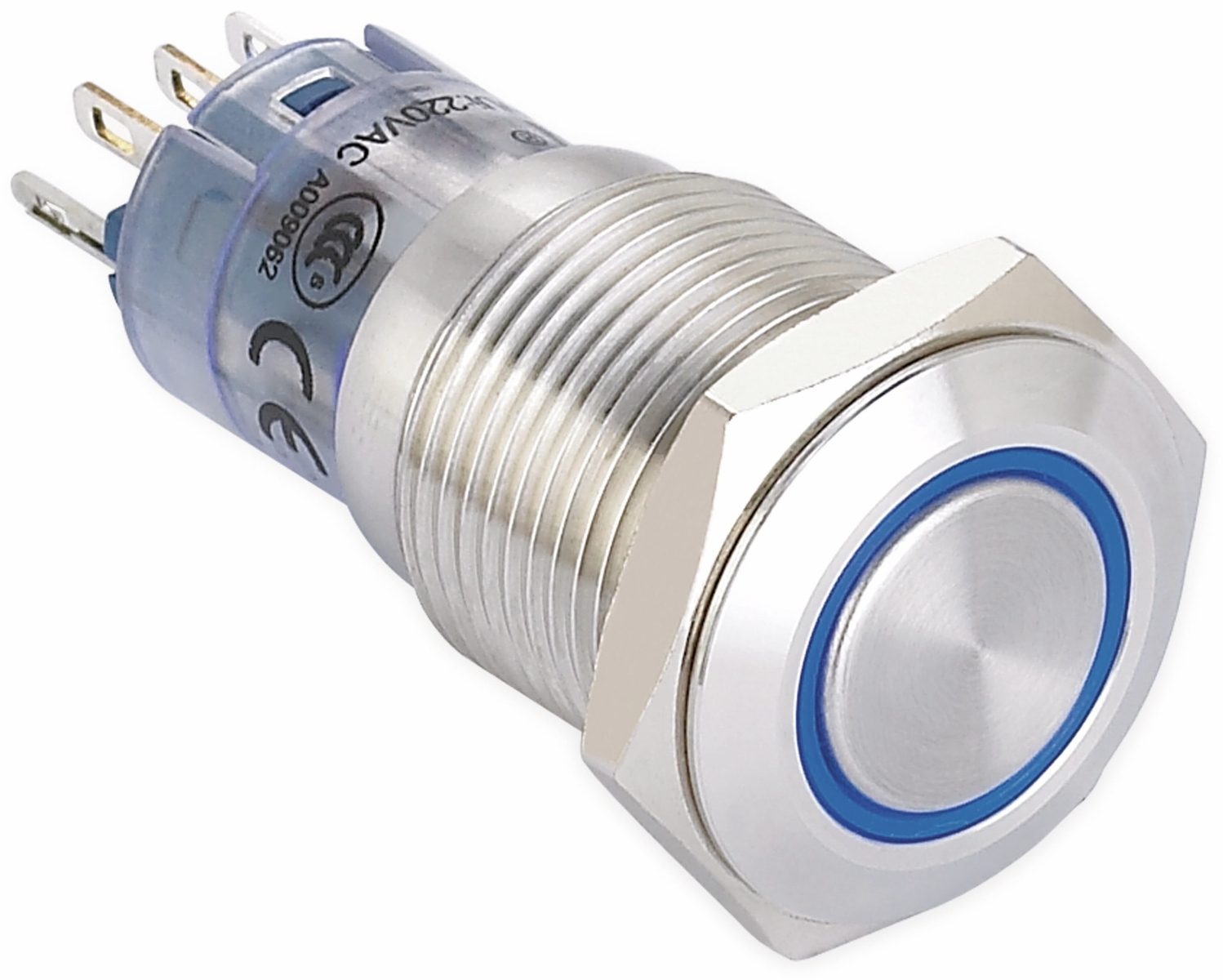 ONPOW Schalter, 24 V/DC, 1x Off/On, Beleuchtung weiß, Lötanschluss, flach rund, Edelstahl, 16 mm von ONPOW