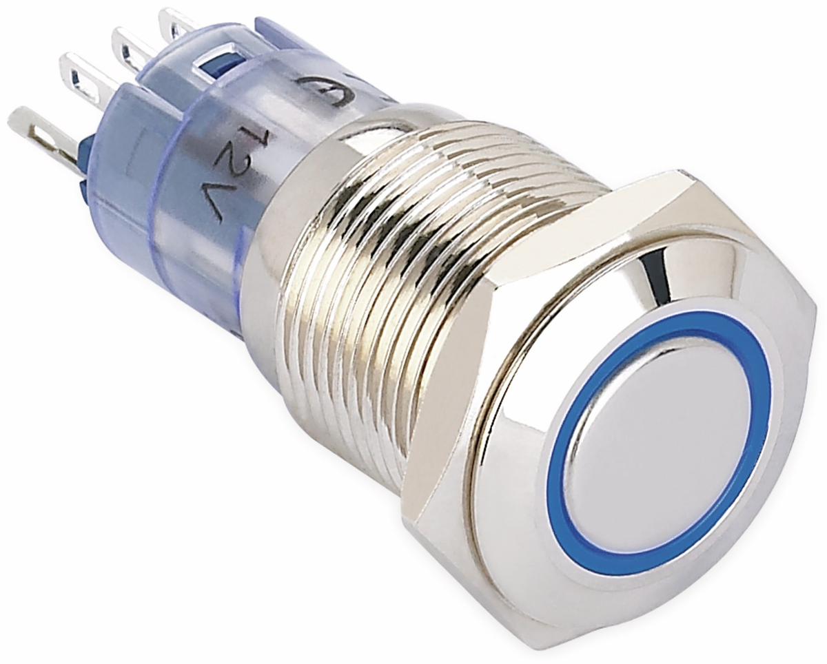ONPOW Schalter, 24 V/DC, 1x Off/On, Beleuchtung weiß, Lötanschluss, flach rund, Messing 16 mm von ONPOW