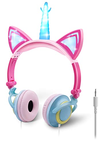 ONTA Kopfhörer Kinder,Katzen Einhorn Kopfhörer mit Leuchtenden LED Katzenohren,Faltbarer Leichter Kinderkopfhörer, 3,5mm Audio Anschluss,Verstellbares Headset mit Lautstärkeregelung für Tablets von ONTA