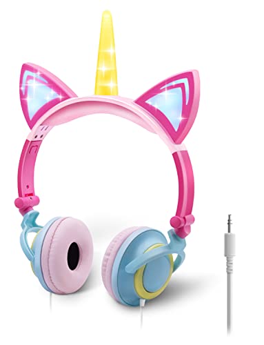 ONTA Kopfhörer Kinder,Katzen Einhorn Kopfhörer mit Leuchtenden LED Katzenohren,Faltbarer Leichter Kinderkopfhörer, 3,5mm Audio Anschluss,Verstellbares Headset mit Lautstärkeregelung für Tablets von ONTA