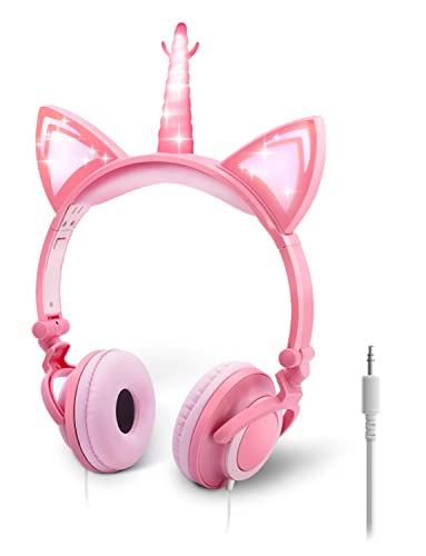 ONTA Kopfhörer Kinder,Katzen Einhorn Kopfhörer mit Leuchtenden LED Katzenohren,Faltbarer Leichter Kinderkopfhörer, 3,5mm Audio Anschluss,Verstellbares Headset mit Lautstärkeregelung für Tablets von ONTA