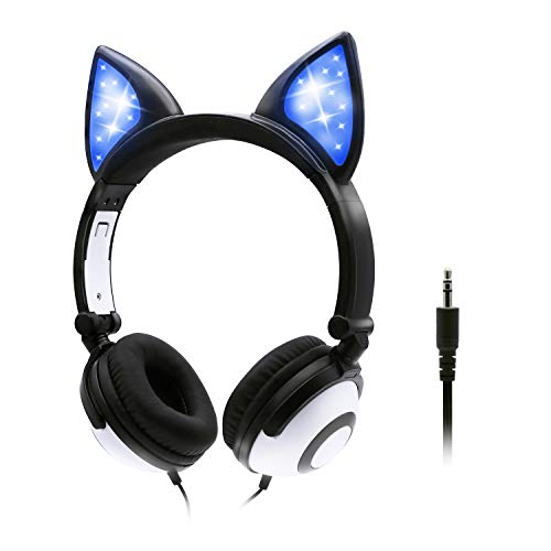 ONTA Kopfhörer Kinder mit niedlichen LED Leuchtenden Katzenohren 85dB Volume Lautstärke begrenzt Faltbar Verstellbare On Ear Kinder Kopfhörer für Jungen und Mädchen (Schwarz) von ONTA