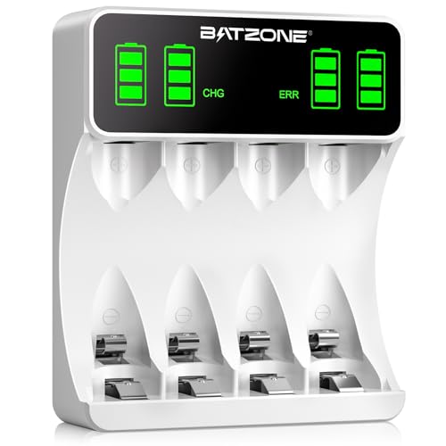 BATZONE Akku Ladegerät, AA/AAA Ladegerät mit Großer LCD Anzeige, 4-Ladeplatz Universal Schnell Akkuladegerät, für NI-MH NI-CD AA/AAA Akkus, für wiederaufladbare Mignon AA und Micro AAA von BATZONE