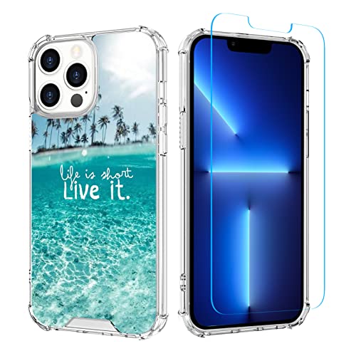 OOK Durchsichtige, strapazierfähige Hülle kompatibel mit iPhone 13 Pro 6,1 Zoll 2021, Strandmuster-Stil, TPU/stoßfeste Ecken, klare iPhone 13 Pro Abdeckung mit Displayschutzfolie für Männer und Frauen von OOK