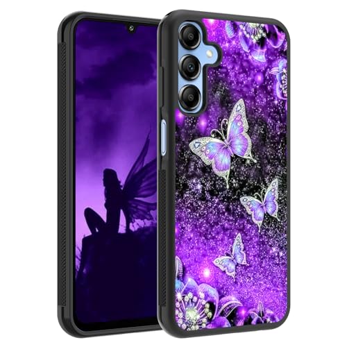 OOK Kompatibel mit Samsung Galaxy A15 Hülle, Glitzer-Violett, Schmetterlings-Nebel, Weltraum-Design, harter PC + weicher TPU-Stoßdämpfer, rutschfest, ultradünn, stoßfest, Schutzhülle für Galaxy A15, von OOK