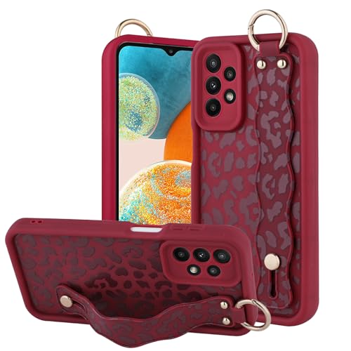 OOK Kompatibel mit Samsung Galaxy A23 5G Leopard Hülle mit Handschlaufe, Weinrot Leopard TPU Stoßfest Schutz Slim Cover mit Kameraschutz für Frauen Mädchen für 6,6 Zoll von OOK