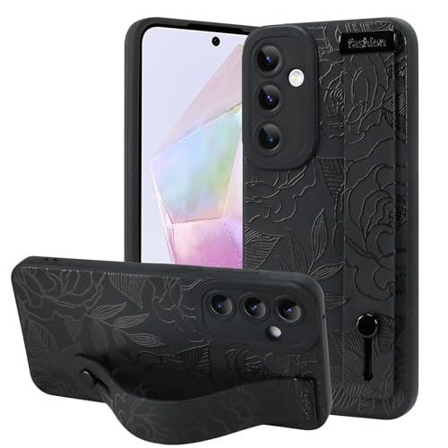 OOK Kompatibel mit Samsung Galaxy A35 5G Blume Hülle mit Handschlaufe, Schwarz Blumen Floral Silikon Stoßfest Schutz Slim TPU Cover mit Kameraschutz für Frauen Mädchen von OOK
