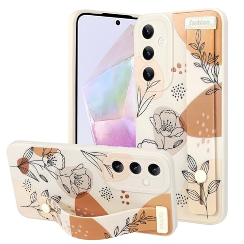 OOK Kompatibel mit Samsung Galaxy A35 5G Hülle mit Handschlaufe, Weiß Blume Blumen TPU Stoßfest Schutz Slim Silikon Cover mit Kameralinsenschutz für Frauen Mädchen für 6,6 Zoll von OOK