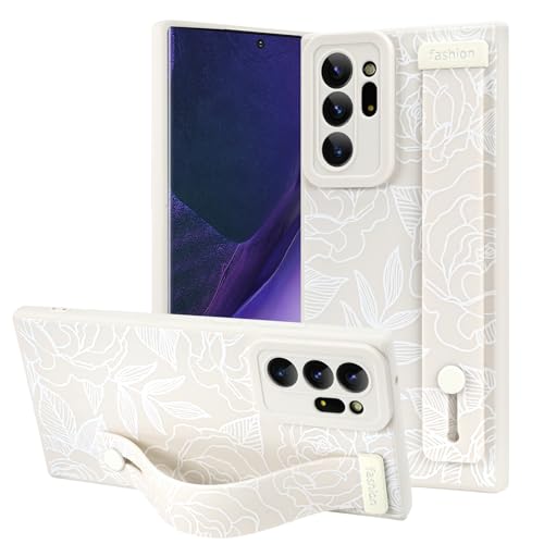 OOK Kompatibel mit Samsung Galaxy Note20 Ultra Flower Hülle mit Handschlaufe, Weiß Blumen Floral Silikon Stoßfest Schutz Slim TPU Cover mit Kameraschutz für Frauen Mädchen von OOK