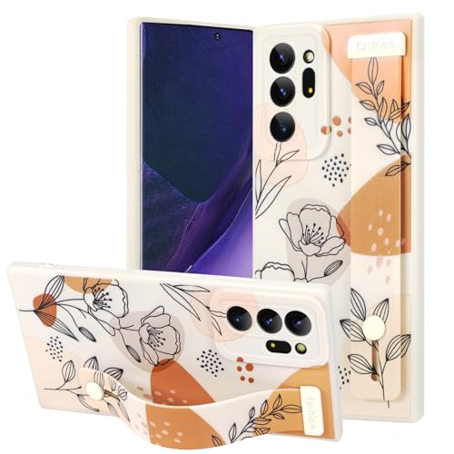 OOK Kompatibel mit Samsung Galaxy Note20 Ultra Hülle mit Handschlaufe, Weiß Blume Blumen TPU Stoßfest Schutz Slim Silikon Cover mit Kameralinsenschutz für Frauen Mädchen für 6,9 Zoll von OOK
