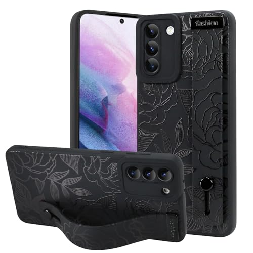 OOK Kompatibel mit Samsung Galaxy S21 Plus Blume Hülle mit Handschlaufe, Schwarz Blumen Floral Silikon Stoßfest Schutz Slim TPU Cover mit Kameraschutz für Frauen Mädchen von OOK