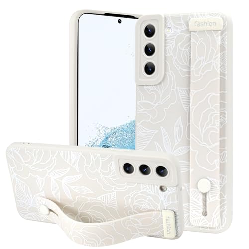 OOK Kompatibel mit Samsung Galaxy S22 5G Blume Hülle mit Handschlaufe, Weiß Blumen Floral Silikon Stoßfest Schutz Slim TPU Cover mit Kameraschutz für Frauen Mädchen von OOK