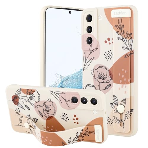 OOK Kompatibel mit Samsung Galaxy S22 5G Hülle mit Handschlaufe, Weiß Blume Blumen TPU Stoßfest Schutz Slim Silikon Cover mit Kameralinsenschutz für Frauen Mädchen für 6,1 Zoll von OOK