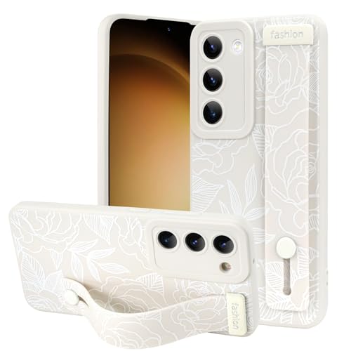 OOK Kompatibel mit Samsung Galaxy S23 5G Blume Hülle mit Handschlaufe, Weiß Blumen Floral Silikon Stoßfest Schutz Slim TPU Cover mit Kameraschutz für Frauen Mädchen von OOK