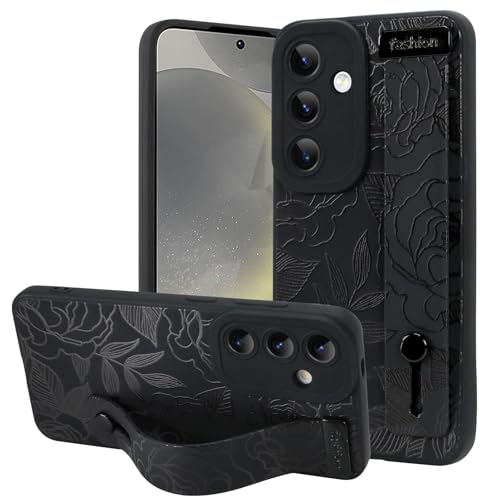 OOK Kompatibel mit Samsung Galaxy S24 5G Blume Hülle mit Handschlaufe, Schwarz Blumen Floral Silikon Stoßfest Schutz Slim TPU Cover mit Kameraschutz für Frauen Mädchen von OOK