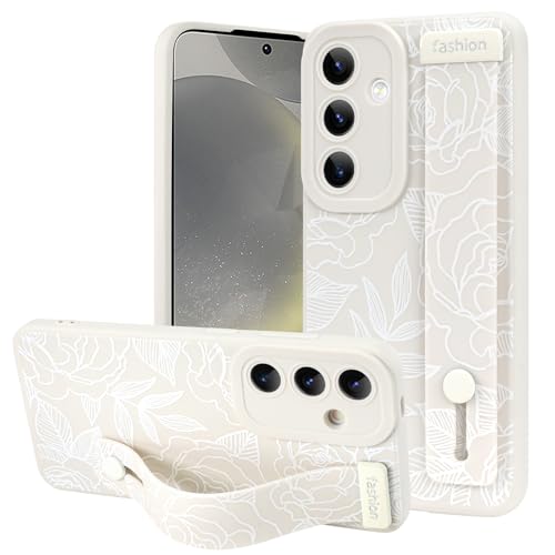OOK Kompatibel mit Samsung Galaxy S24 5G Blume Hülle mit Handschlaufe, Weiß Blumen Floral Silikon Stoßfest Schutz Slim TPU Cover mit Kameraschutz für Frauen Mädchen von OOK