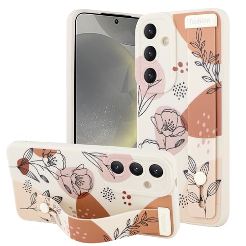 OOK Kompatibel mit Samsung Galaxy S24 5G Hülle mit Handschlaufe, Weiß Blume Blumen TPU Stoßfest Schutz Slim Silikon Cover mit Kameralinsenschutz für Frauen Mädchen für 6,2 Zoll von OOK