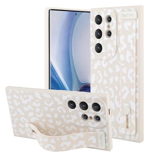 OOK Kompatibel mit Samsung Galaxy S24 Ultra Leopard Hülle mit Handschlaufe, Weiß Leopard TPU Stoßfest Schutz Slim Cover mit Kameraschutz für Frauen Mädchen von OOK