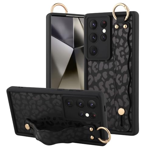 OOK Kompatibel mit Samsung Galaxy S24 Ultra Leopard Hülle mit Handschlaufe, niedliches schwarzes Leopardenmuster, weiches TPU, stoßfester Schutz, schlanke Abdeckung für Frauen und Mädchen, für 6,8 von OOK