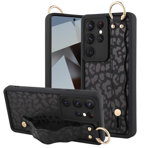 OOK Kompatibel mit Samsung Galaxy S25 Ultra Leopard Hülle mit Handschlaufe, niedliches schwarzes Leopardenmuster, weiches TPU, stoßfester Schutz, schlanke Abdeckung für Frauen und Mädchen, für 6,9 von OOK