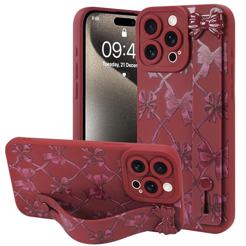 OOK Kompatibel mit iPhone 15 Pro Max Bow Case mit Handschlaufe, Cute Weinrot Schleife Kariert Silikon Stoßfest Schutz Slim TPU Cover mit Kameraschutz für Frauen Mädchen OOK Kompatibel mit iPhone 15 Pro Max Bow Case mit Handschlaufe, Cute Weinrot Schleife Kariert Silikon Stoßfest Schutz Slim TPU Cover mit Kameraschutz für Frauen Mädchen von OOK