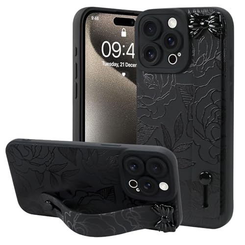 OOK Kompatibel mit iPhone 15 Pro Max Floral Hülle mit Handschlaufe, Schwarz Rose Blume Silikon Stoßfest Schutz Slim TPU Cover mit Kameraschutz für Frauen Mädchen von OOK