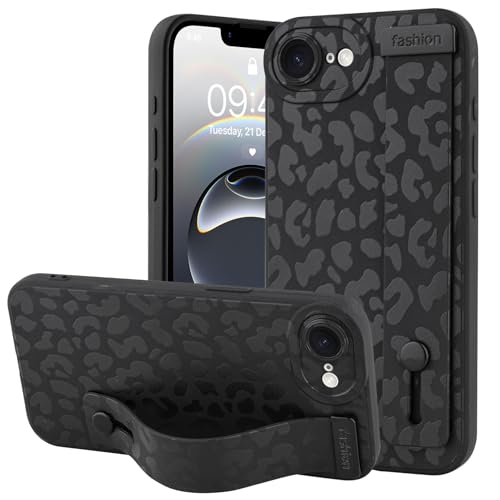 OOK Kompatibel mit iPhone 16E 2025 Leopard Hülle mit Handschlaufe, Schwarz Leopard Gepard TPU Stoßfest Schutz Slim Cover mit Kameraschutz für Frauen Mädchen für 6,1 Zoll von OOK