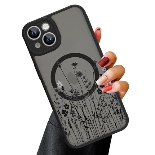 OOK Magnetisch für iPhone 15 Plus Hülle [Kompatibel mit MagSafe] Schwarze Wildblume Schlanke Transluzente Matte Hülle Kameraobjektivschutz Kratzfeste Abdeckung, Schwarze Wildblume (6,7 Zoll) von OOK
