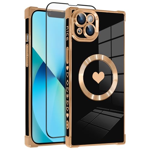 OOK Magnetische Hülle für iPhone 13 6,1 Zoll [Kabelloses Laden kompatibel] Weiche TPU Herz Design Handyhülle mit Displayschutzfolie Stoßfest Schutz Slim Case für Frauen - Schwarz von OOK