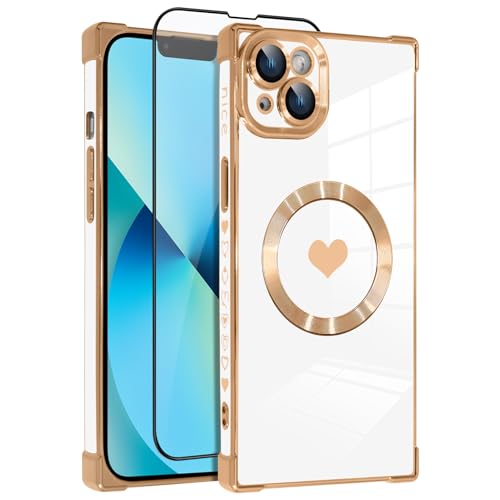 OOK Magnetische Hülle für iPhone 13 6,1 Zoll [Kabelloses Laden kompatibel] Weiche TPU Herz Design Handyhülle mit Displayschutzfolie Stoßfest Schutz Slim Case für Frauen - Weiß von OOK