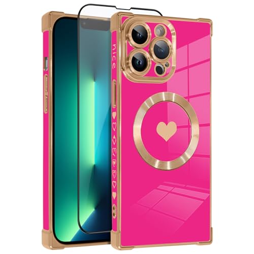 OOK Magnetische Hülle für iPhone 13 Pro Max 17.0 cm [Kabelloses Laden kompatibel] Weiche TPU Herz Design Handyhülle mit Displayschutzfolie Stoßfester Schutz Slim Case für Frauen - Hot Pink von OOK
