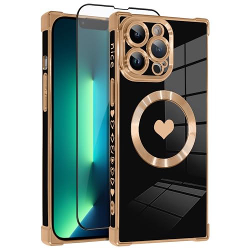 OOK Magnetische Hülle für iPhone 13 Pro Max 6,7 Zoll [Kabelloses Laden kompatibel] Weiche TPU Herz Design Handyhülle mit Displayschutzfolie Stoßfest Schutz Slim Case für Frauen - Schwarz von OOK