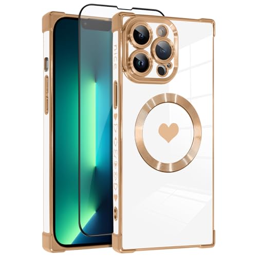 OOK Magnetische Hülle für iPhone 13 Pro Max 6,7 Zoll [Kabelloses Laden kompatibel] Weiche TPU Herz Design Handyhülle mit Displayschutzfolie Stoßfest Schutz Slim Case für Frauen - Weiß von OOK