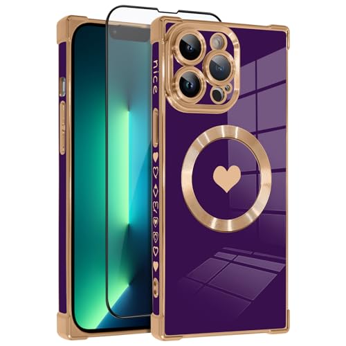 OOK Magnetische Hülle für iPhone 13 Pro Max 6,7 Zoll [Kabelloses Laden kompatibel] Weiche TPU Herz Design Handyhülle mit Displayschutzfolie Stoßfester Schutz Slim Case für Frauen - Lila von OOK