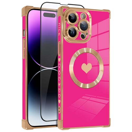 OOK Magnetische Hülle für iPhone 14 Pro Max 17.0 cm [Kabelloses Laden kompatibel] Weiche TPU Herz Design Handyhülle mit Displayschutzfolie Stoßfest Schutz Slim Case für Frauen - Hot Pink von OOK
